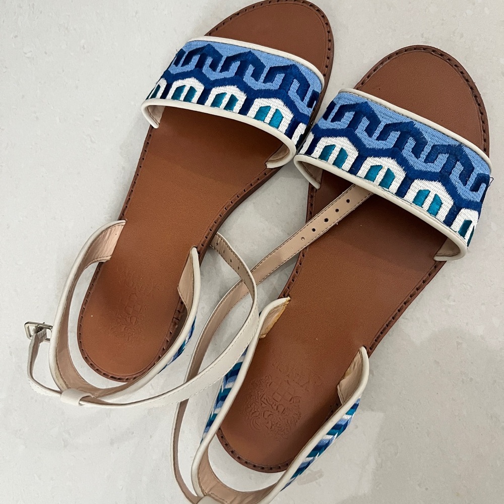 Vince Camuto Blue Embroidered Slide Sandals with White Trim